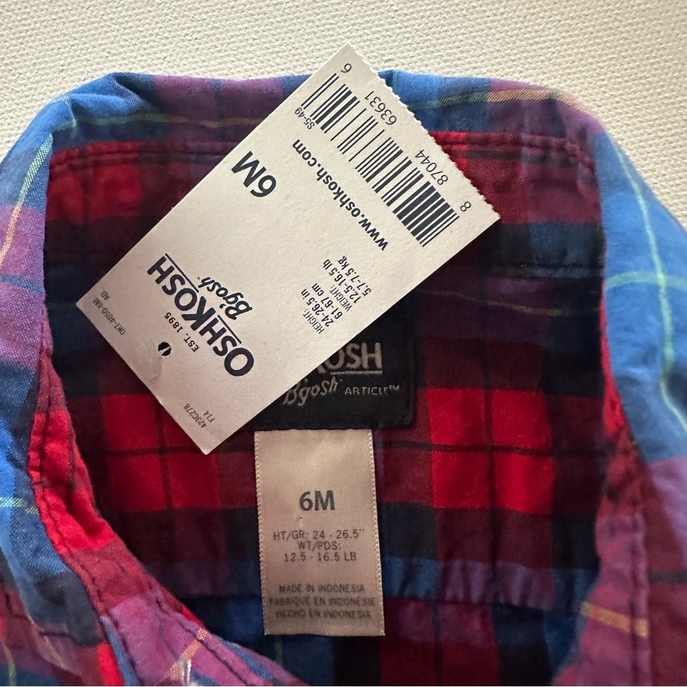 OshKosh 6 Months Baby Boy Red Plaid Shirt Bodysuit Denim Overalls Set Outfit NWT - Picture 4 of 7